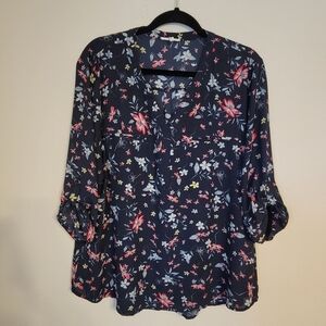 Maurices Blouse Navy Blue Floral Print 3/4 Roll Tab Sleeve Top XXL 2X